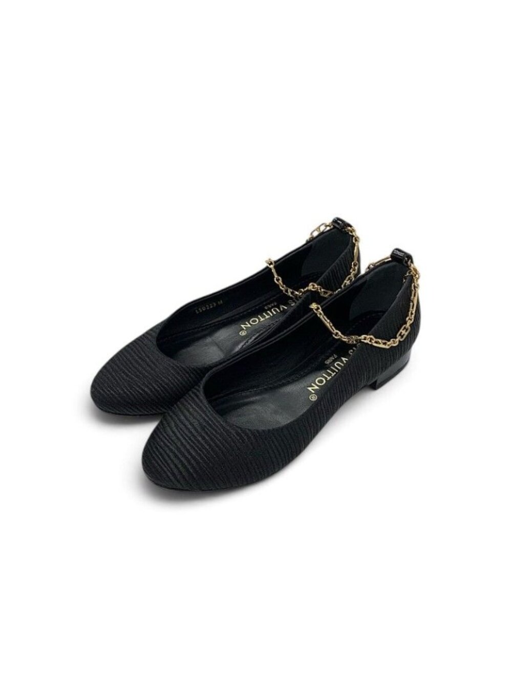 Louis Vuitton Nina Line Flat Shoes Fabric Black Gold Ballet Ankle Chain